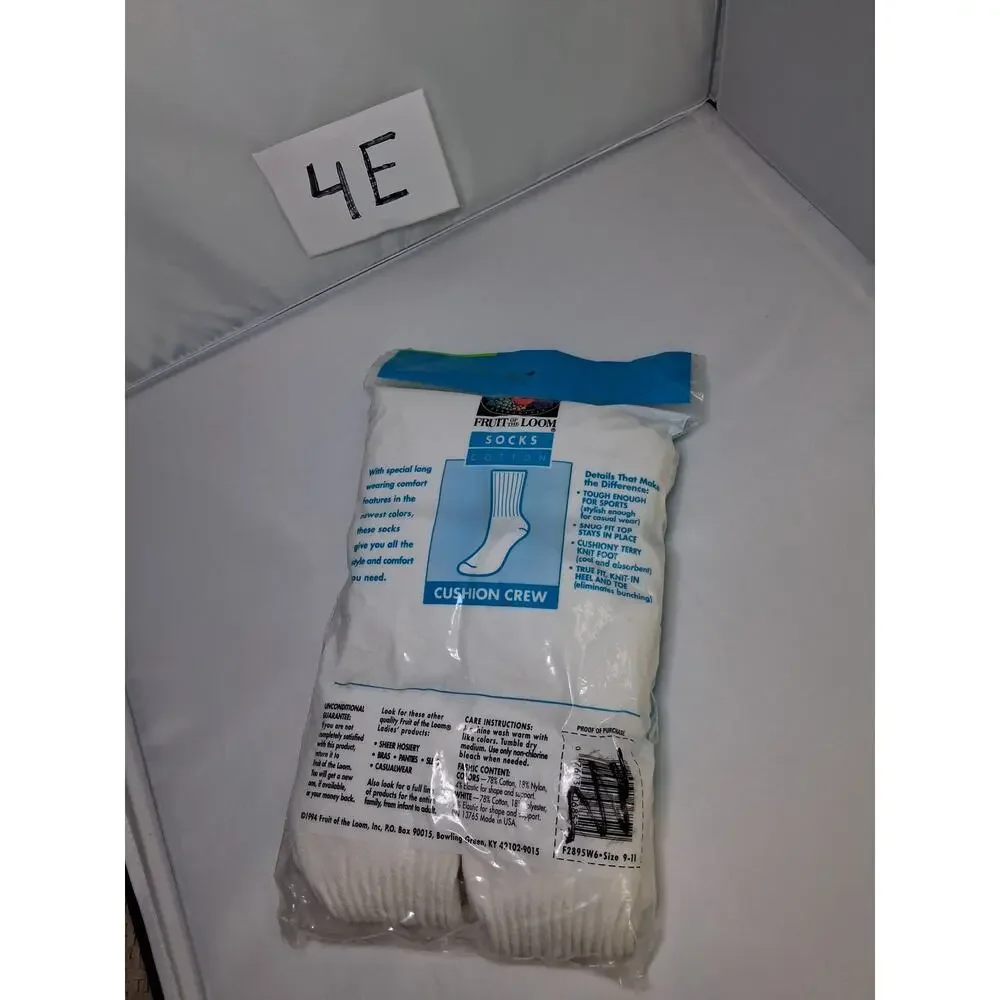 4E Vintage NOS Fruit of the Loom 100% Cotton Crew Sock 9-11 6pk